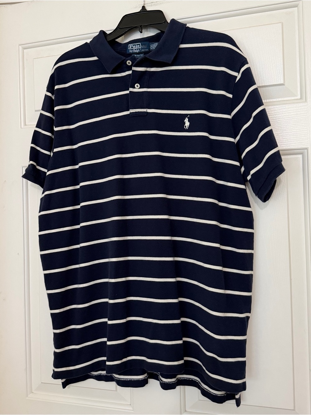 Vintage Polo Ralph Lauren Navy Blue & White Preppy Striped Polo Shirt Size XXL